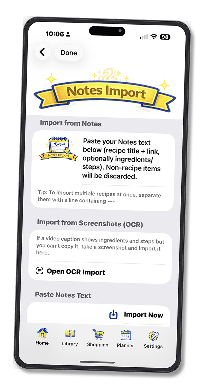 Notes Import feature in My Recipe Book Planner app